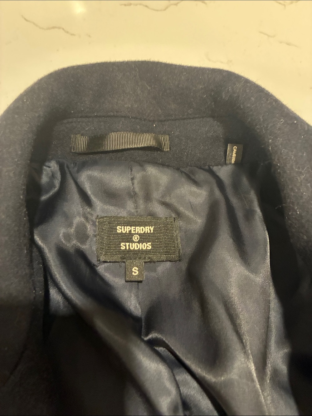 Superdry Studios Navy Pea Coat with Satin Lining